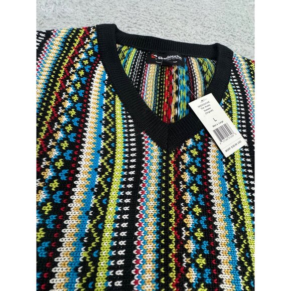 Skedouche The Kosby Mens L Colorful Preppy 90s V-Neck Striped Sweater Wool Blend - Picture 3 of 11